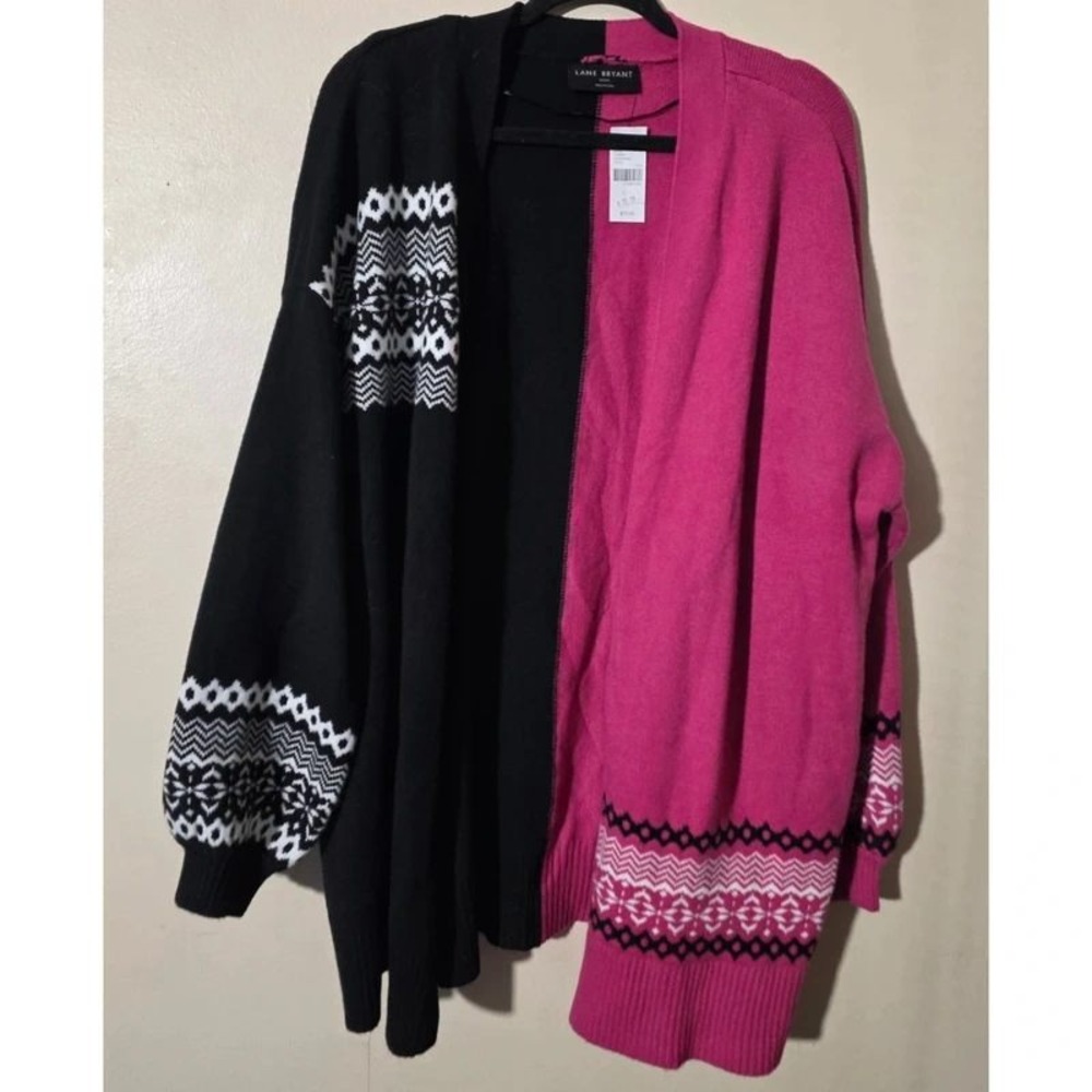 Lane Bryant Pink Black Colorblock Fair Isle Cardigan Sweater 22/24 NWT